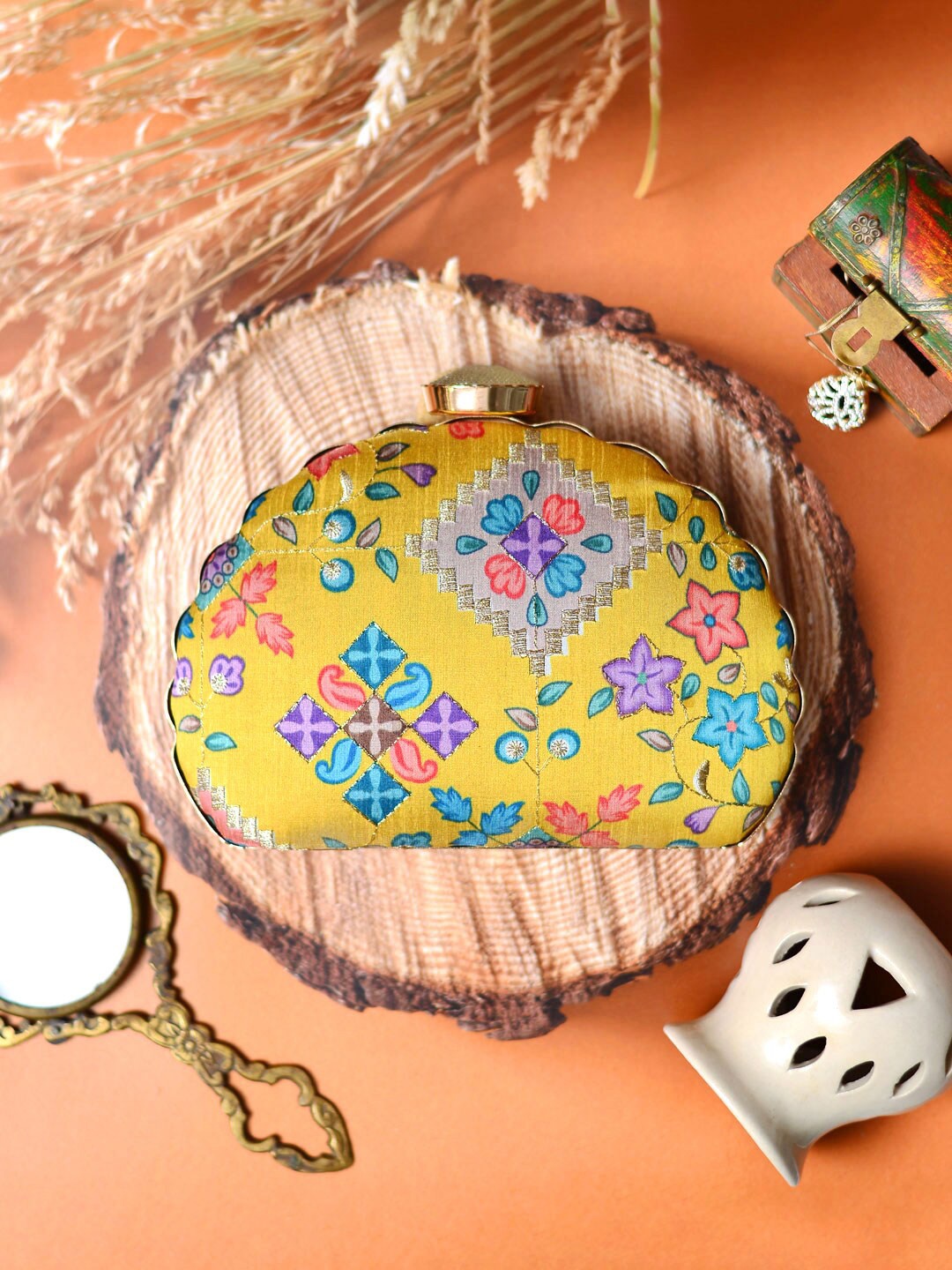 

ARTKLIM Embroidered Half Moon Clutch, Yellow