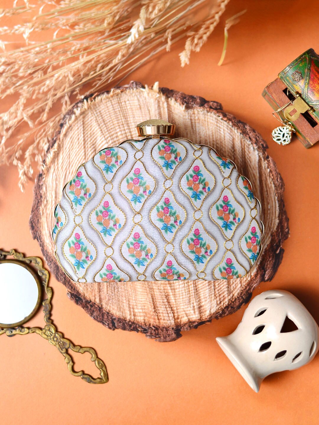 

ARTKLIM Embroidered Half Moon Clutch, White