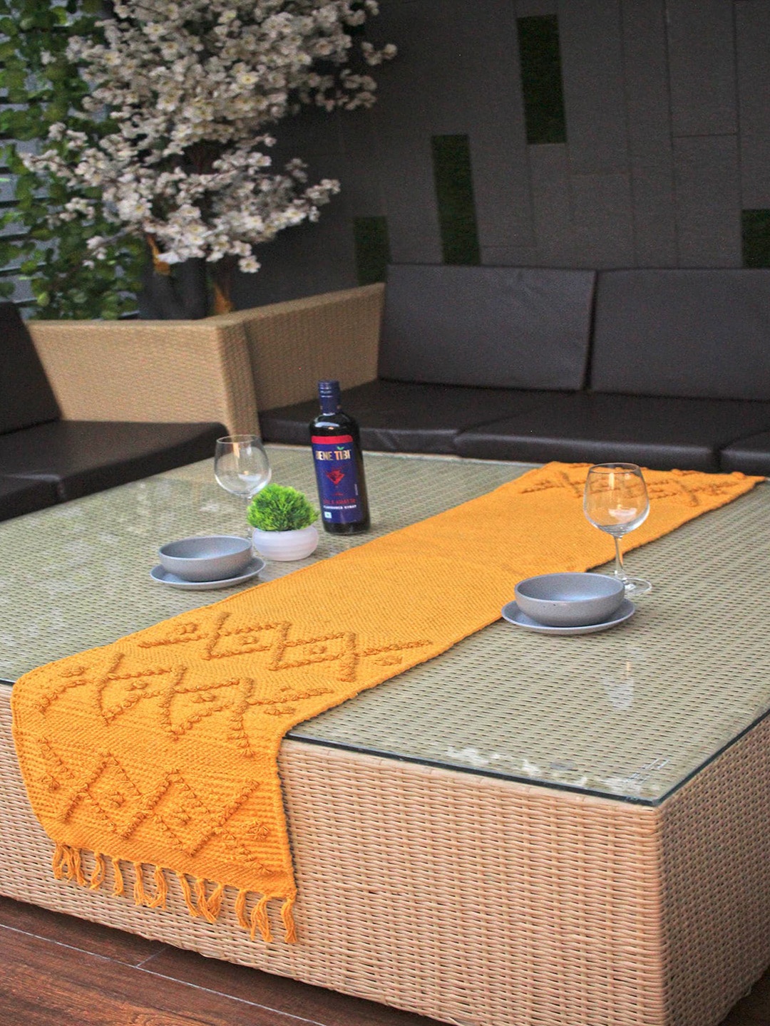 

THE little BIG STORE Mustard Yellow Woven-Design Pure Cotton Table Runners