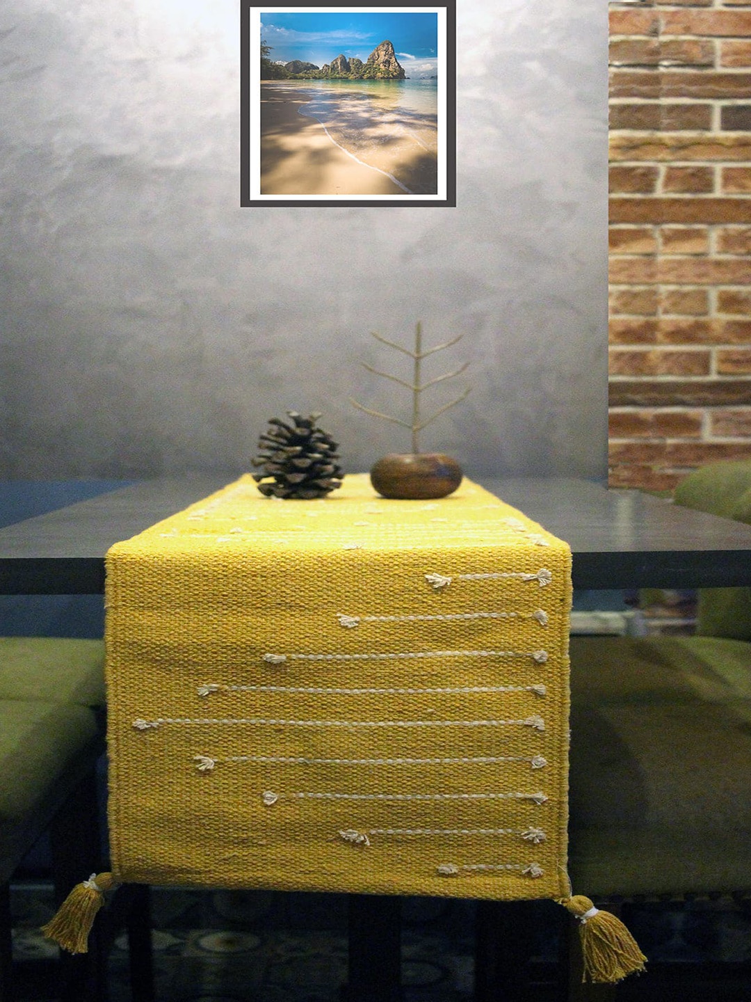

THE little BIG STORE Yellow & White Woven Design Pure Cotton Table Runner