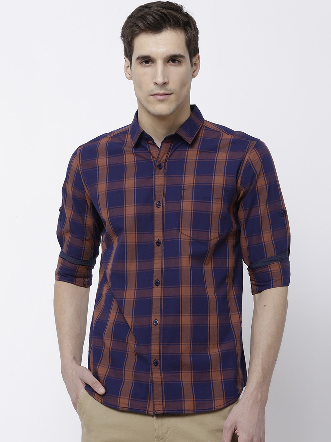 

HIGHLANDER Men Navy Blue & Rust Brown Slim Fit Checked Casual Shirt