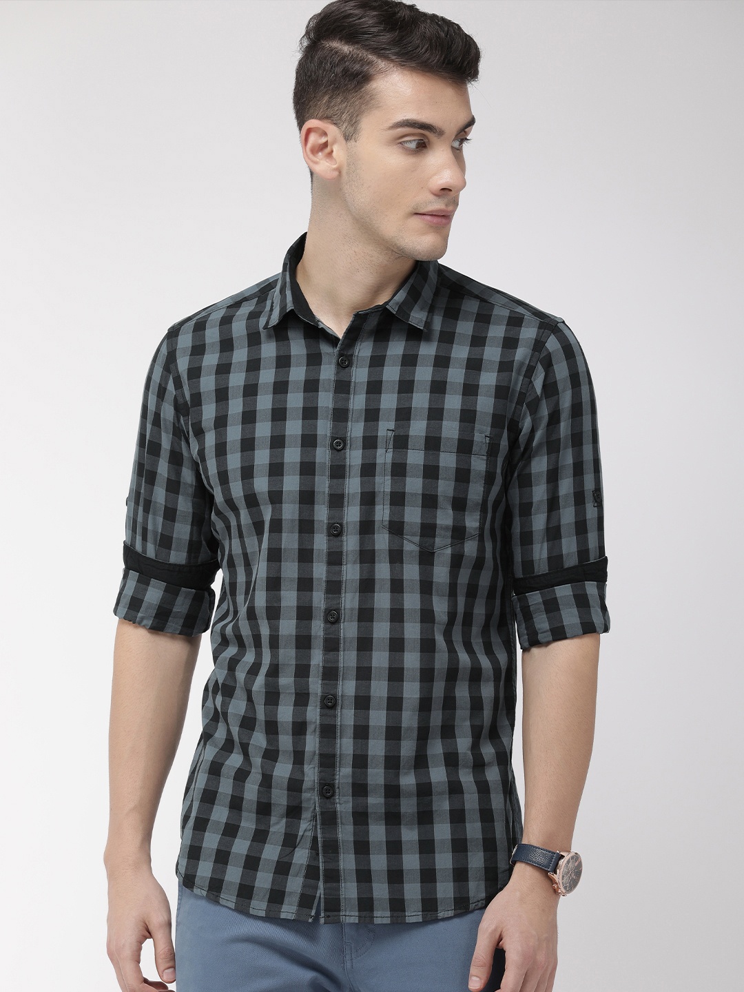 

HIGHLANDER Men Black & Grey Slim Fit Checked Casual Shirt