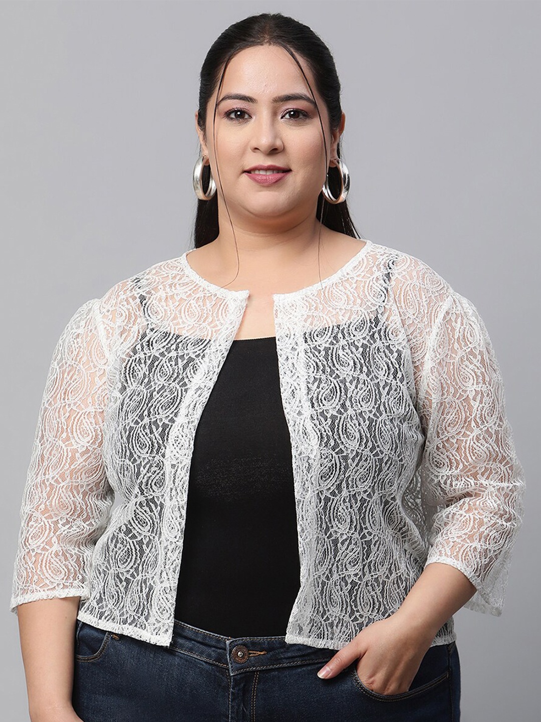 

UnaOne Women Plus Size Embroidered Self Design Cotton Shrug, White