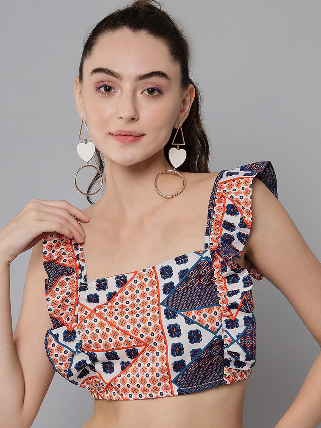 

emeros Floral Print Styled Back Crop Top, Orange