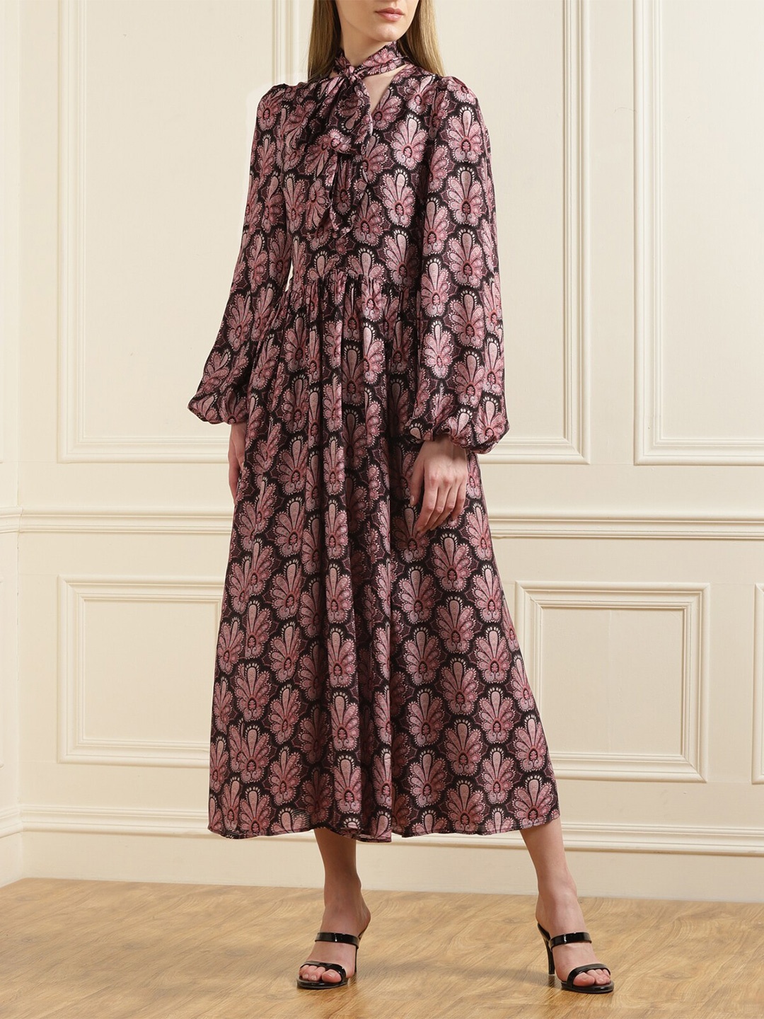 

Ted Baker Floral Tie-Up Neck A-Line Midi Dress, Black