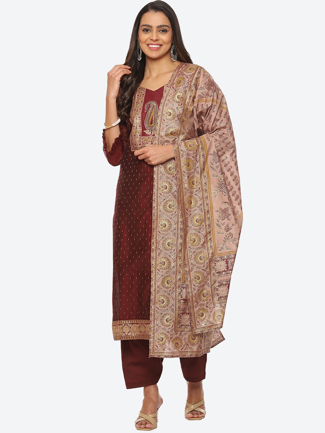 

Biba Paisley Print Unstitched Dress Material, Maroon