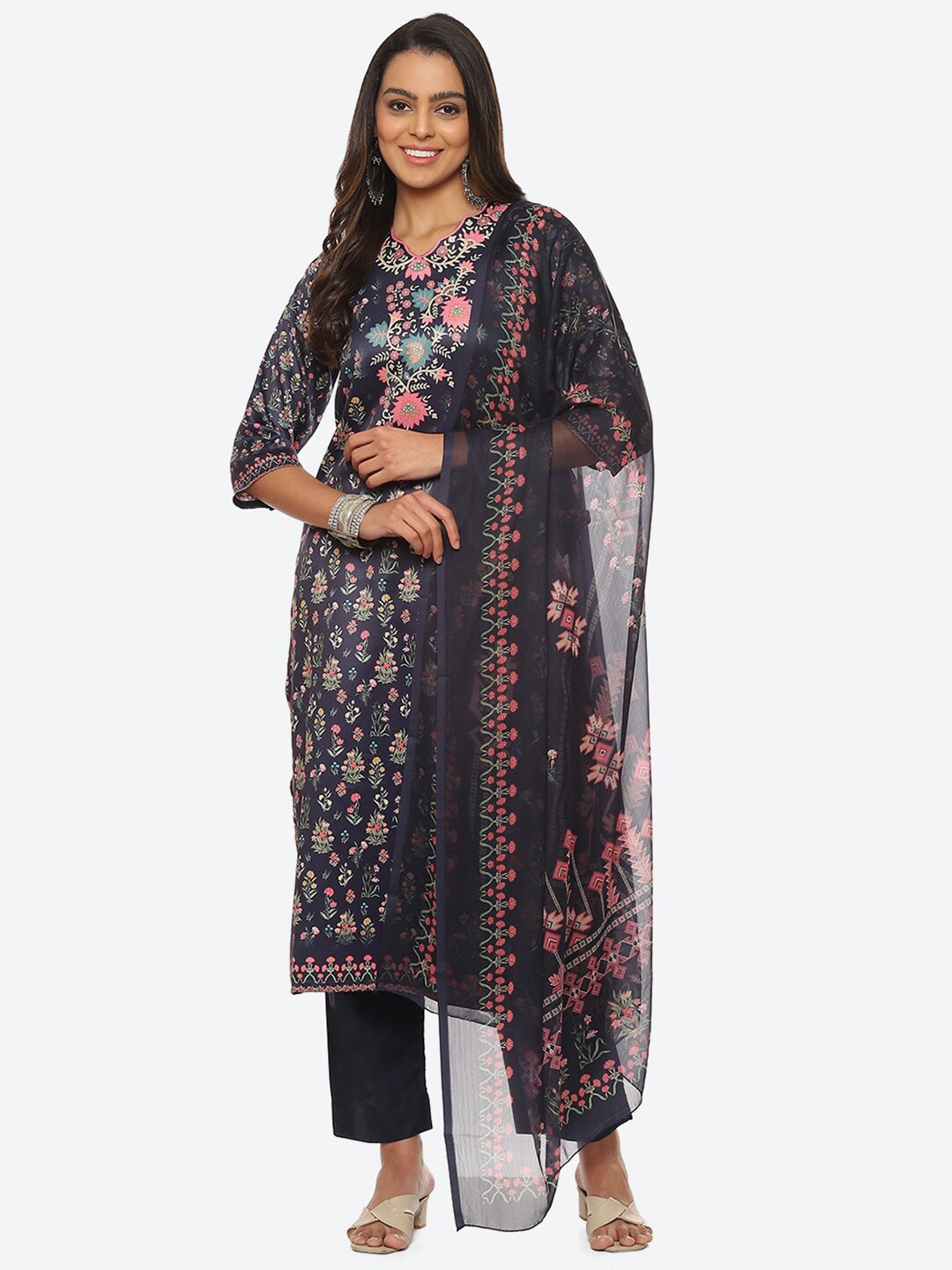 

Biba Floral Printed Unstitched Dress Material, Navy blue