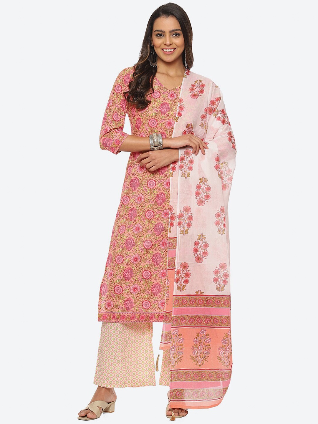 

Biba Printed Floral Unstitched Dress Material, Pink