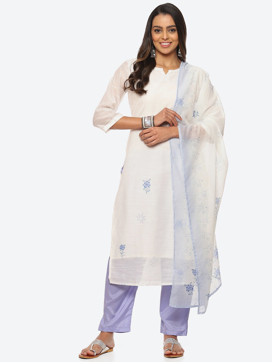 

Biba Printed Linen Unstitched Dress Material, Blue