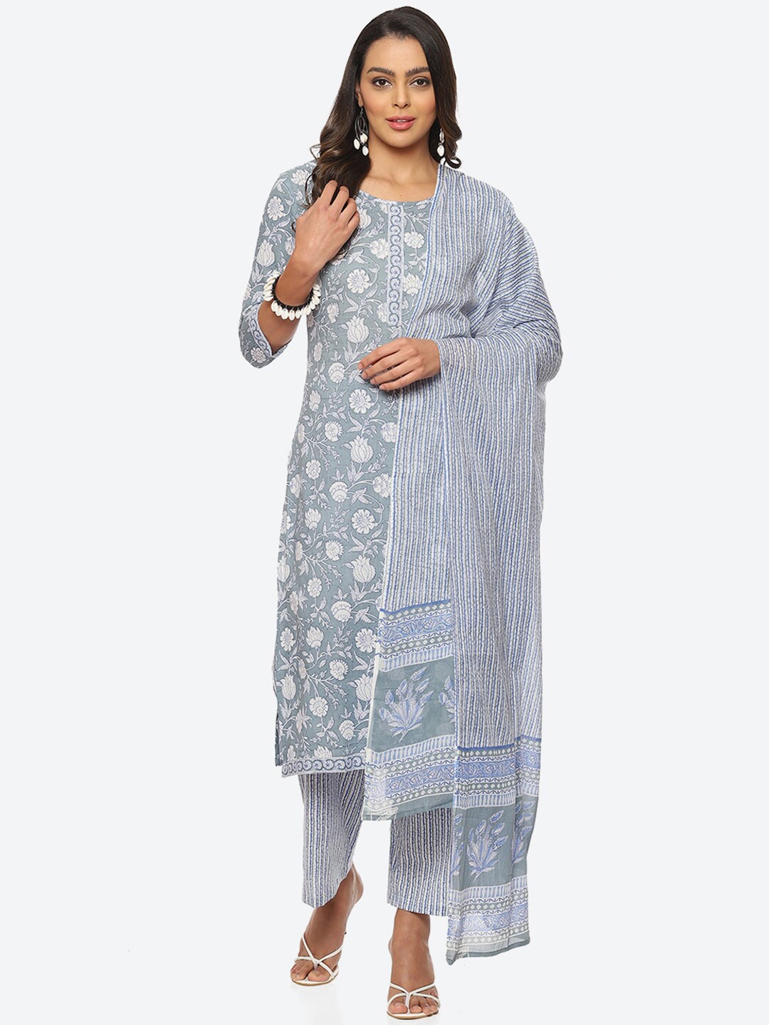 

Biba Floral Printed Unstitched Dress Material, Blue