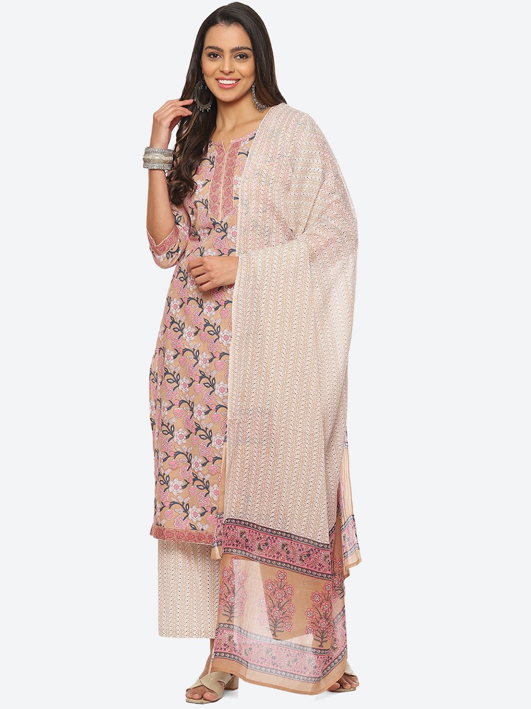 

Biba Floral Printed Unstitched Dress Material, Peach