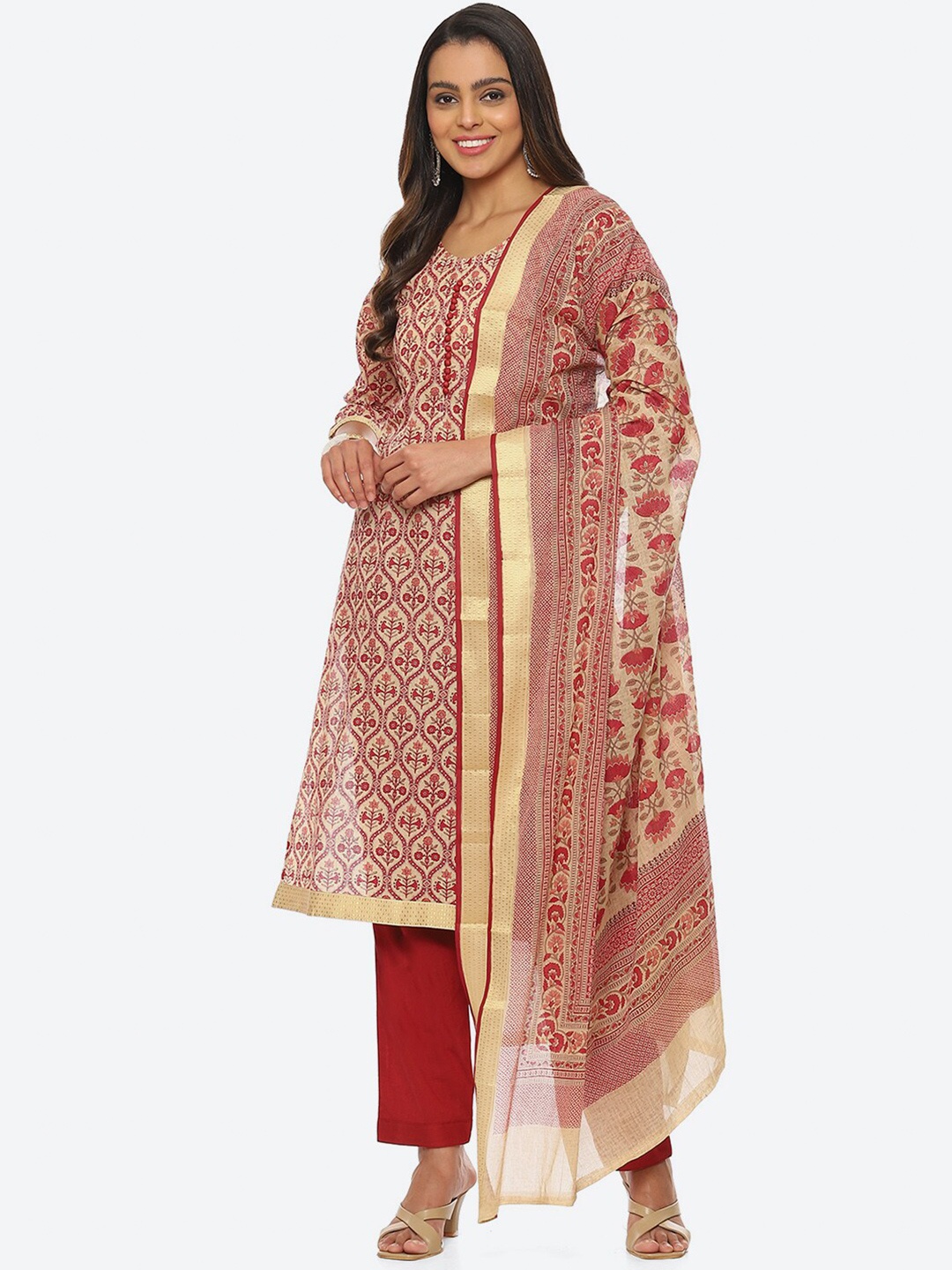 

Biba Printed Unstitched Dress Material, Red