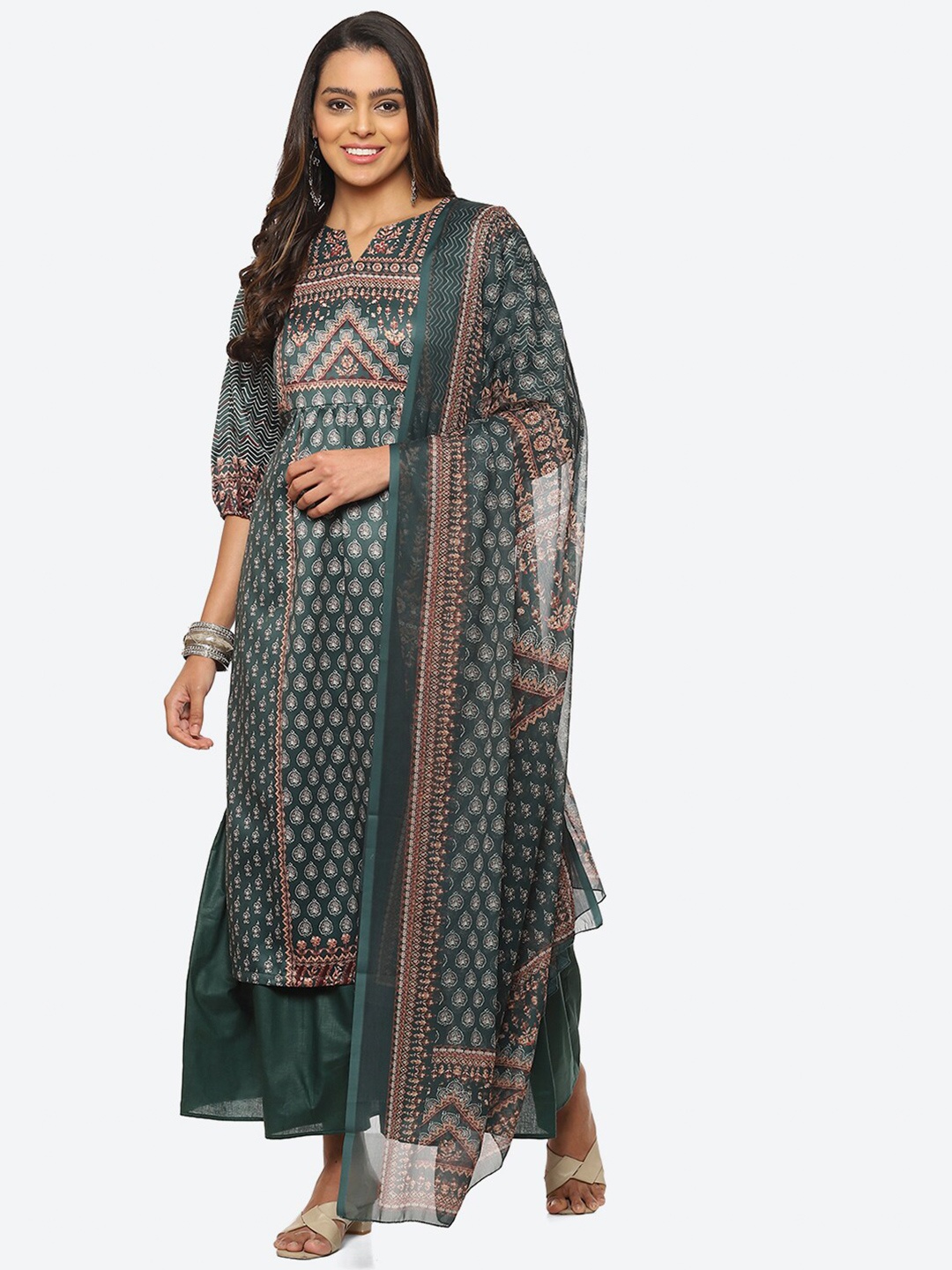 

Biba Printed Unstitched Dress Material, Green