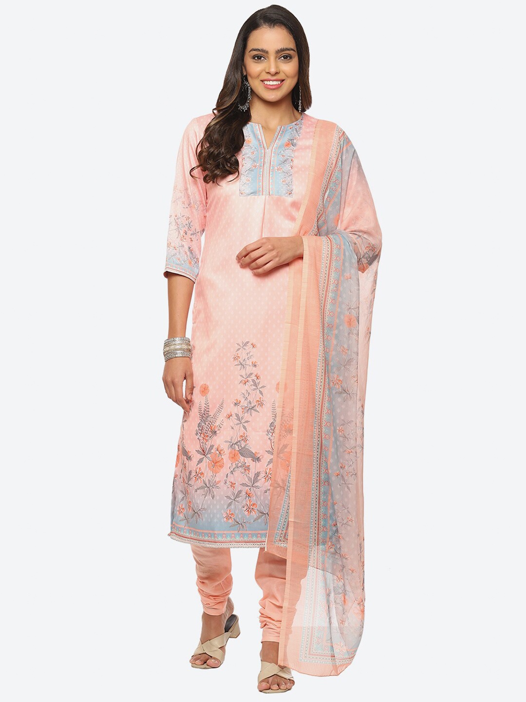 

Biba Peach-Coloured & Grey Printed Unstitched Dress Material