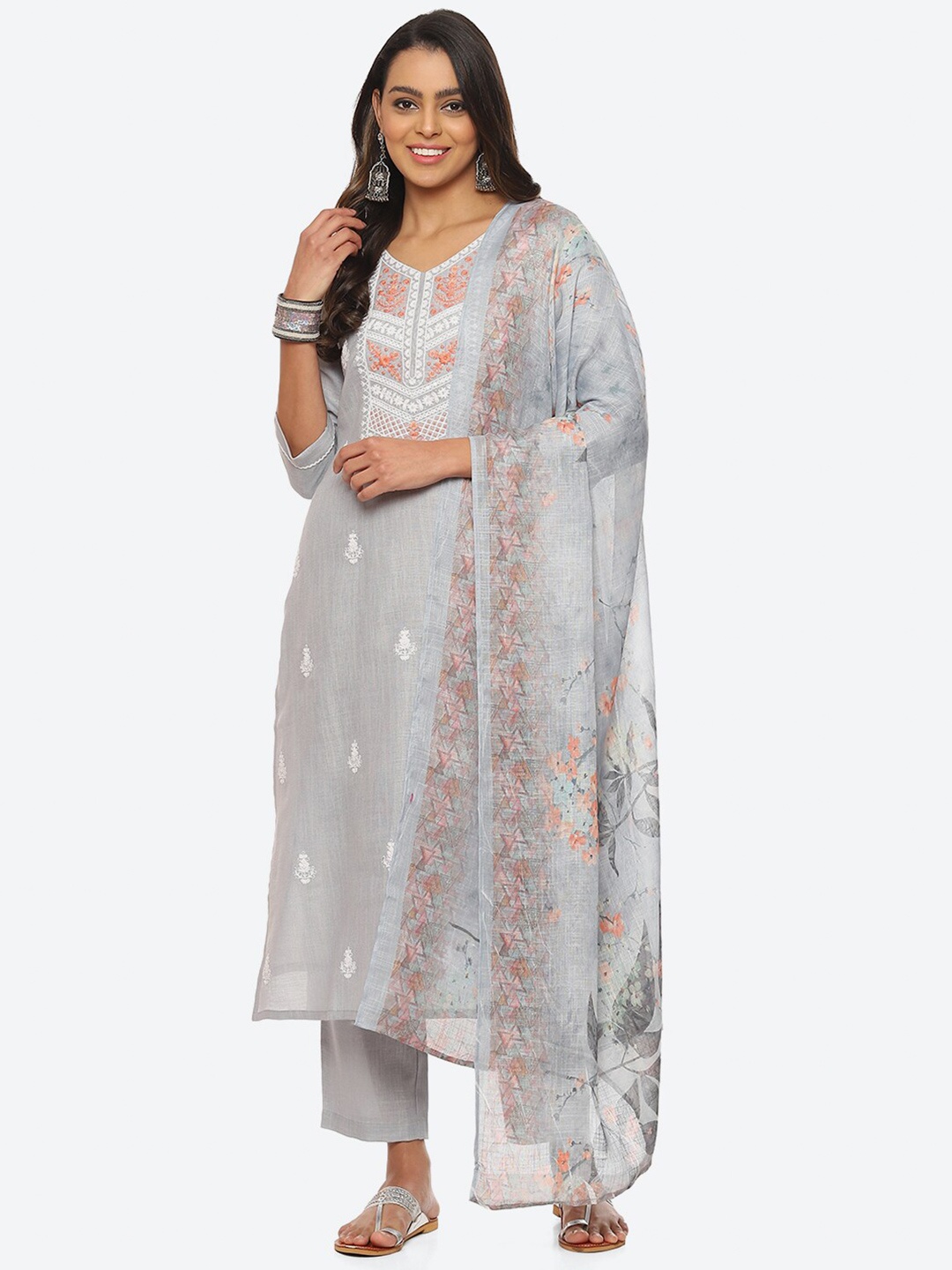 

Biba Floral Embroidered Linen Unstitched Dress Material, Blue