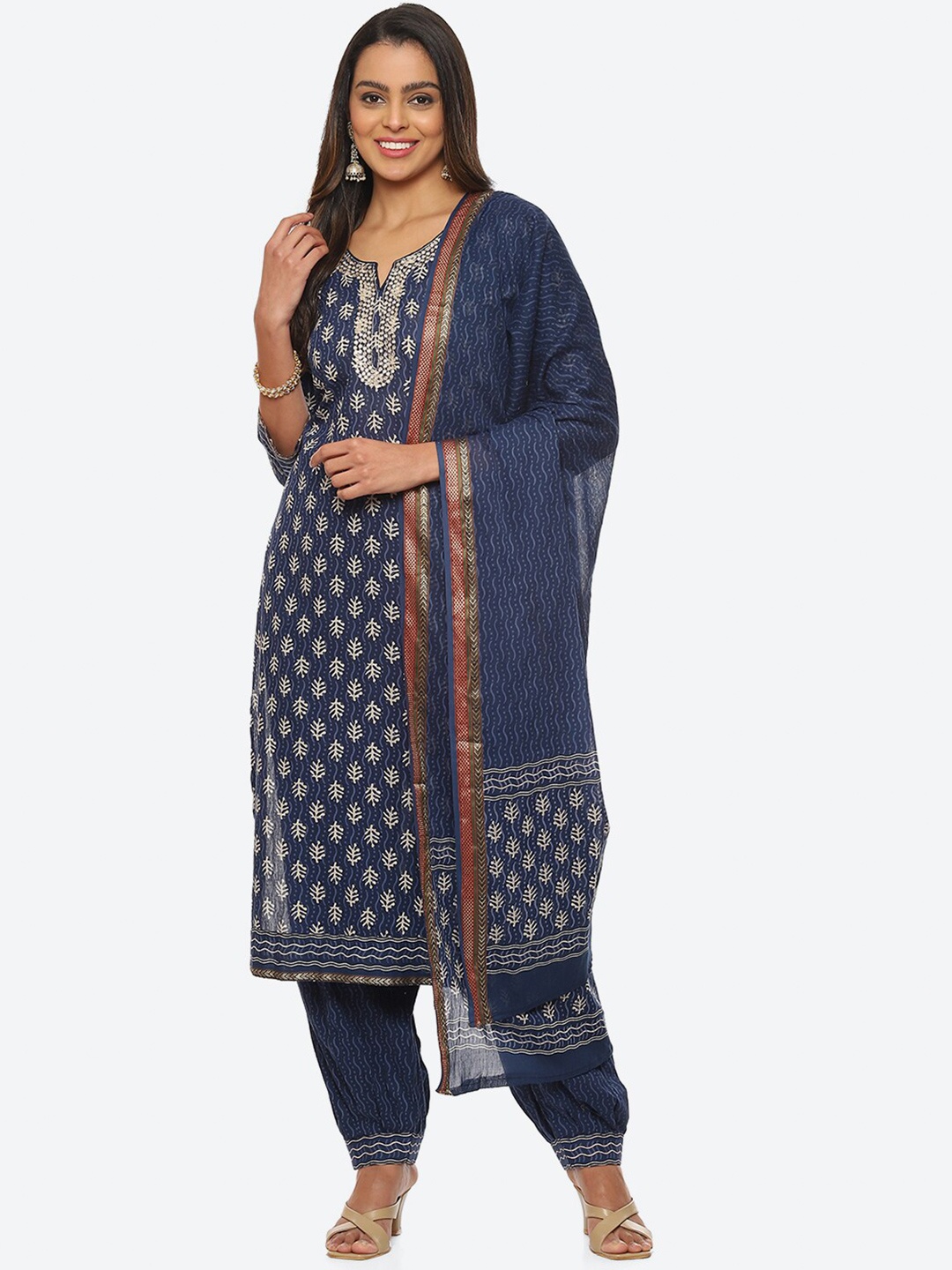 

Biba Printed Unstitched Dress Material, Navy blue