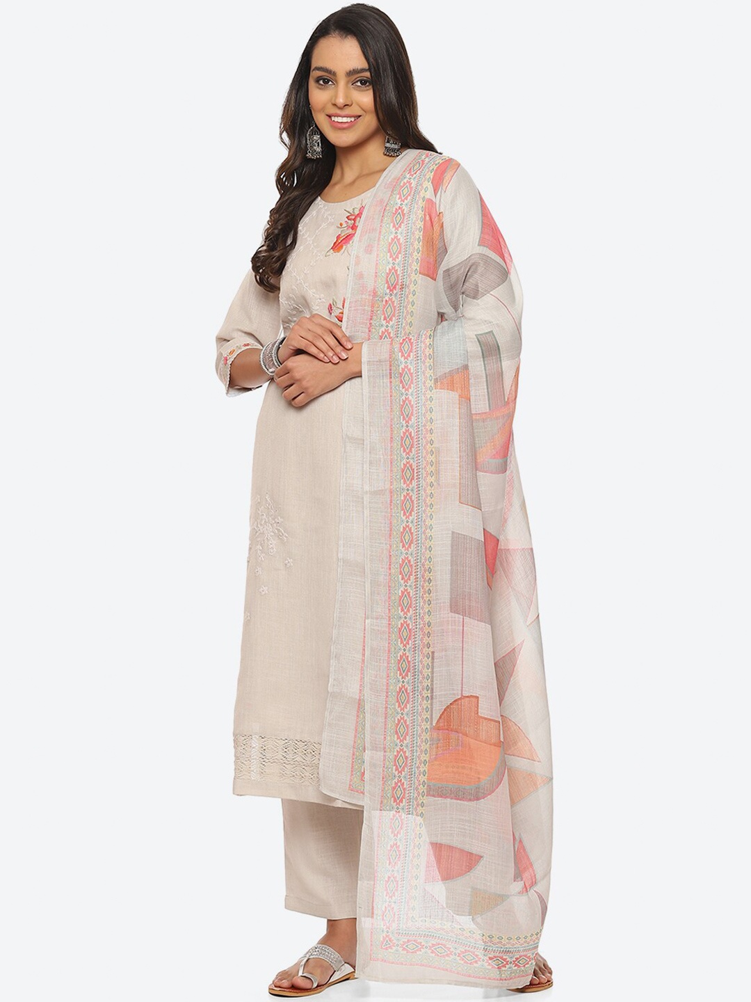 

Biba Floral Embroidered Linen Unstitched Dress Material, Grey