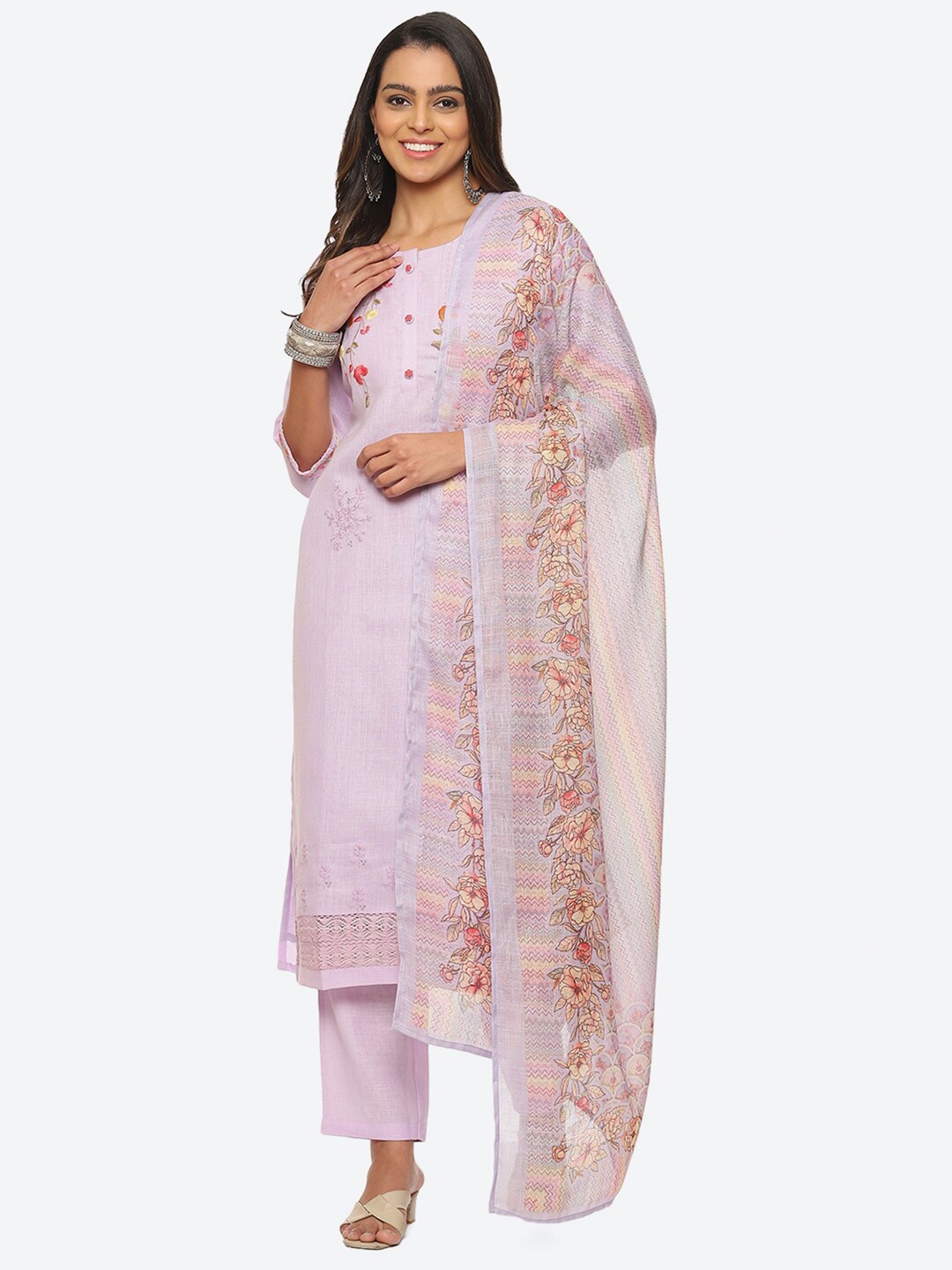 

Biba Floral Embroidered Linen Unstitched Dress Material, Lavender