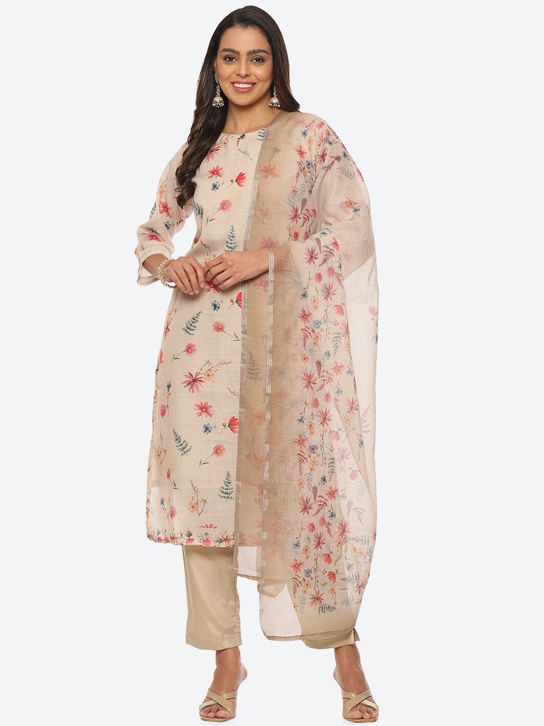 

Biba Floral Printed Linen Unstitched Dress Material, Cream