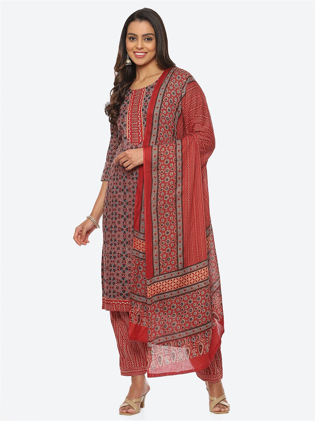 

Biba Printed Unstitched Dress Material, Maroon