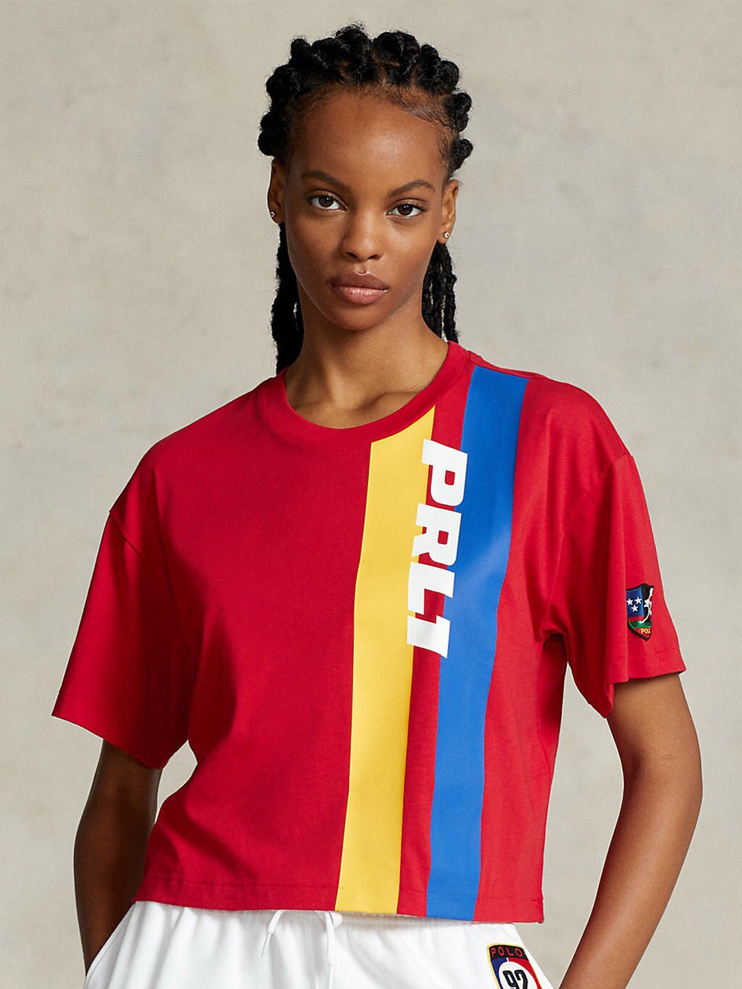 

Polo Ralph Lauren Women Graphic Printed Pure Cotton Cropped Jersey T-Shirts, Red