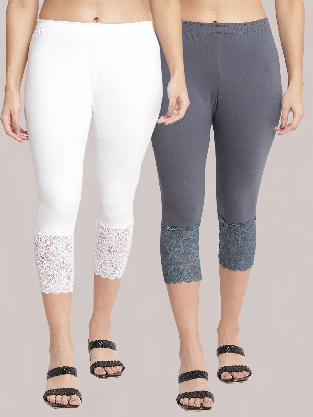 

GRACIT Women Pack of 2 Cotton Lycra Skinny Fit Capris With Hem Net, White