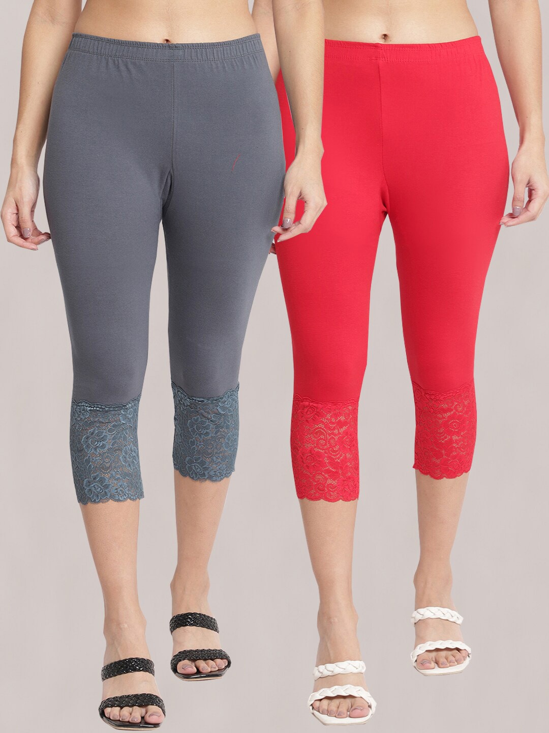 

GRACIT Women Pack of 2 Skinny Fit Capris, Red