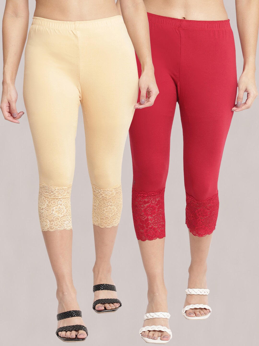 

GRACIT Women Pack of 2 Skinny Fit Capris, Beige