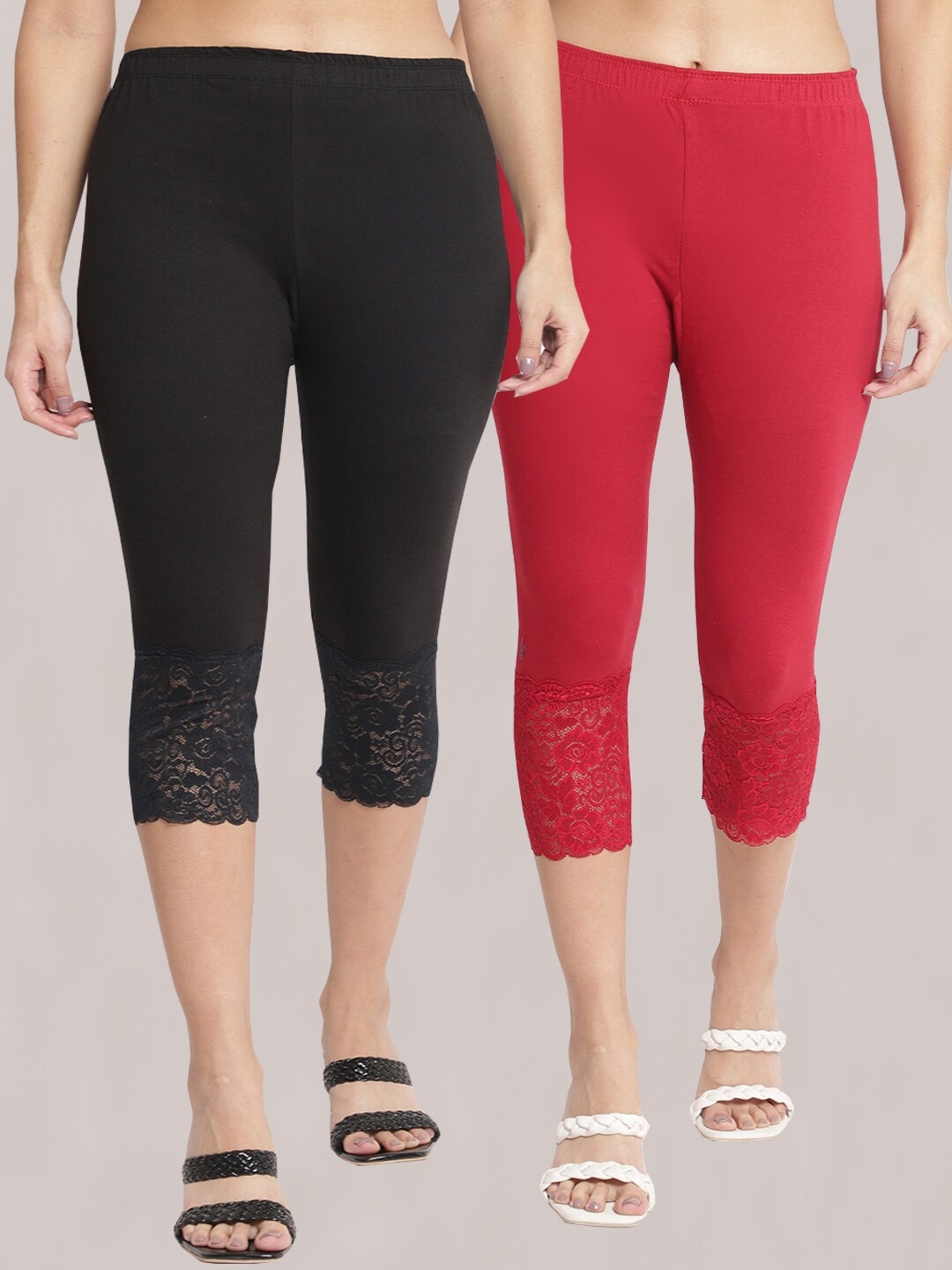 

GRACIT Women Pack of 2 Cotton Lycra Skinny Fit Capris With Hem Net, Black