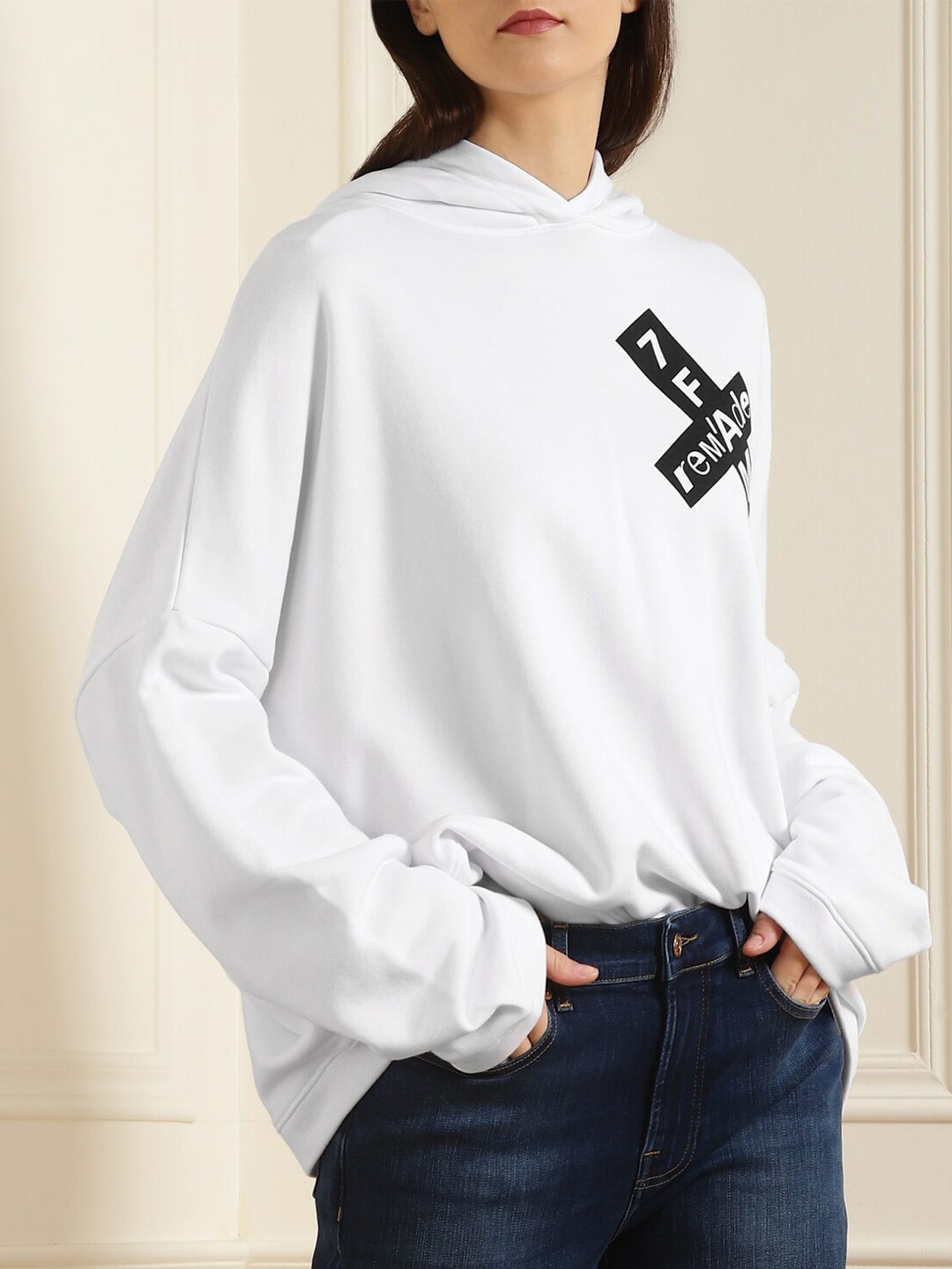 

7 For All Mankind Women Printed Hooded Cotton Sweatshirt, White