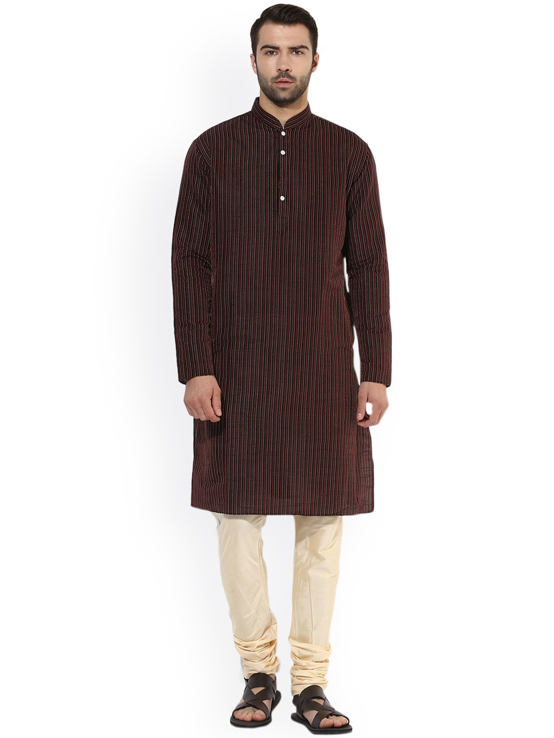 

KISAH Men Black & Beige Self-Design Kurta with Churidar