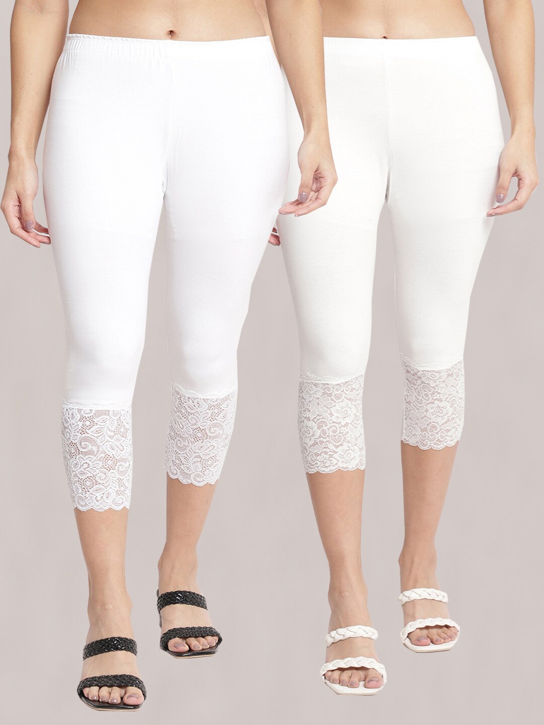 

Jinfo Women Pack of 2 Cotton Lycra Skinny Fit Capris, White
