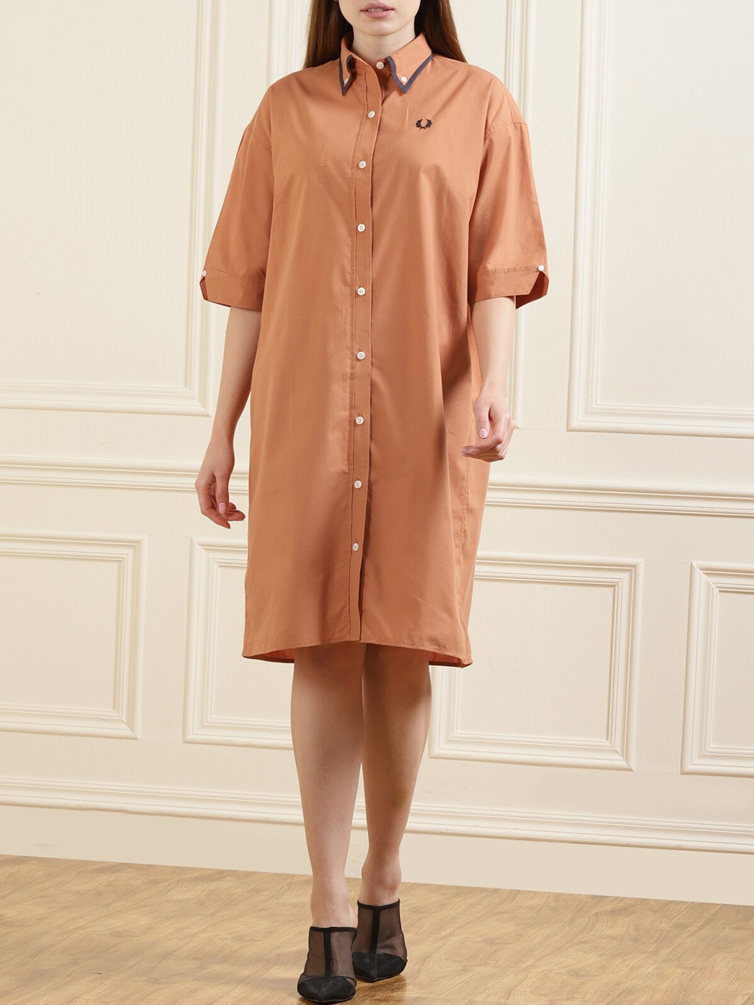 

Fred Perry Short Sleeves Cotton Shirt Dress, Brown