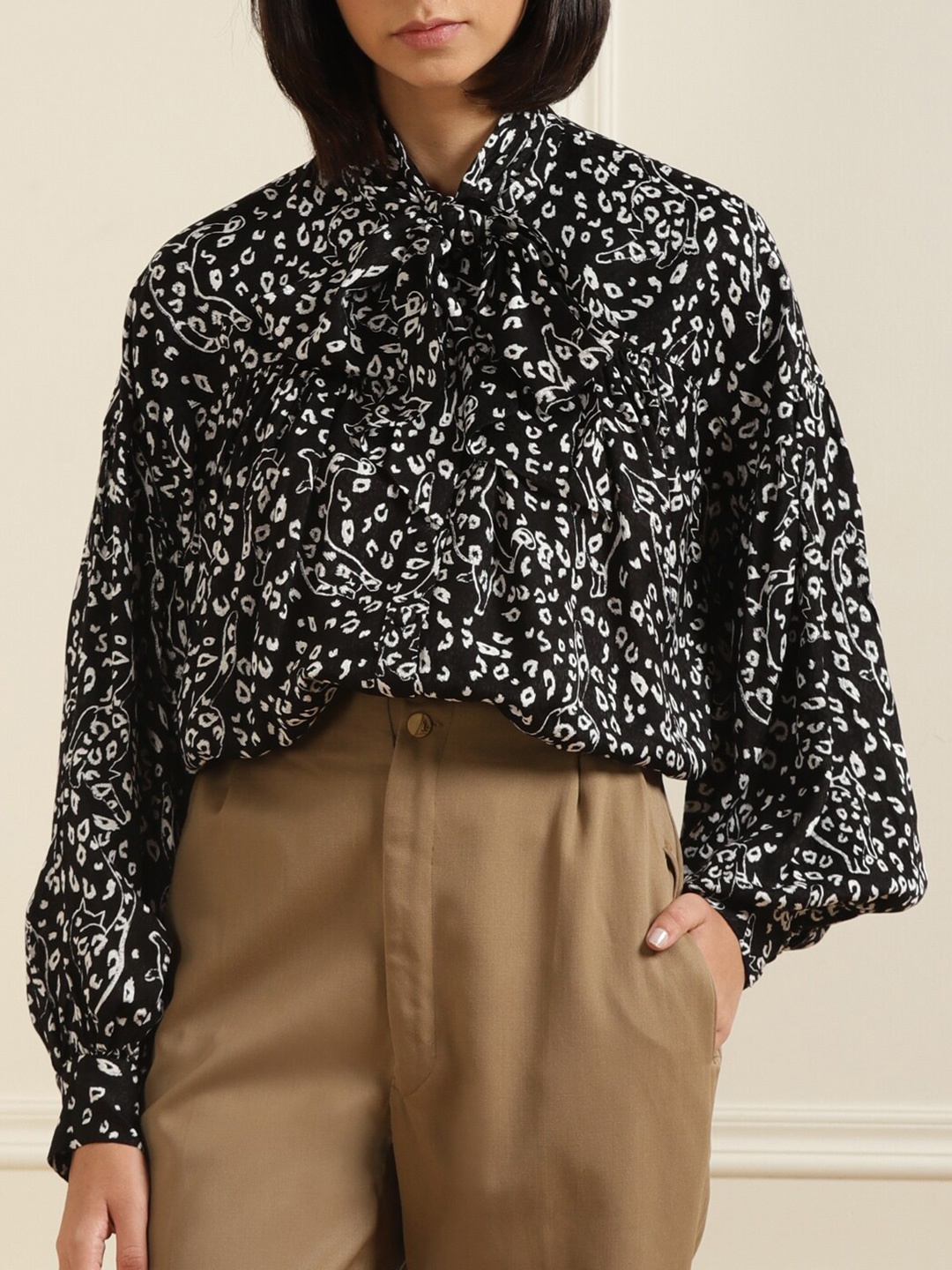 

Ted Baker Abstract Printed Tie-Up Neck Cuffed Sleeve Blouson Top, Black