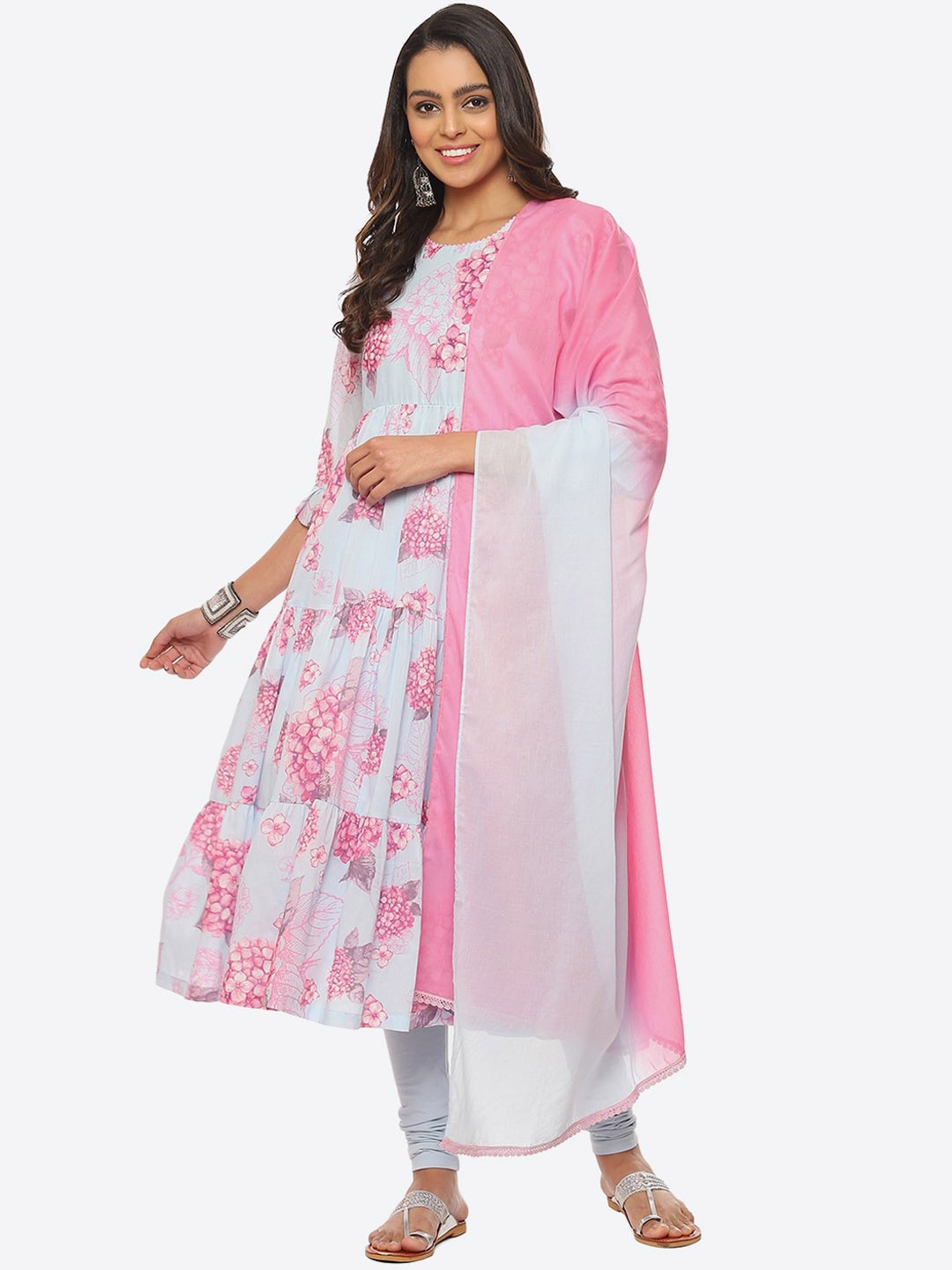 

Biba Women Blue Floral Printed Kurta with Churidar & With Dupatta