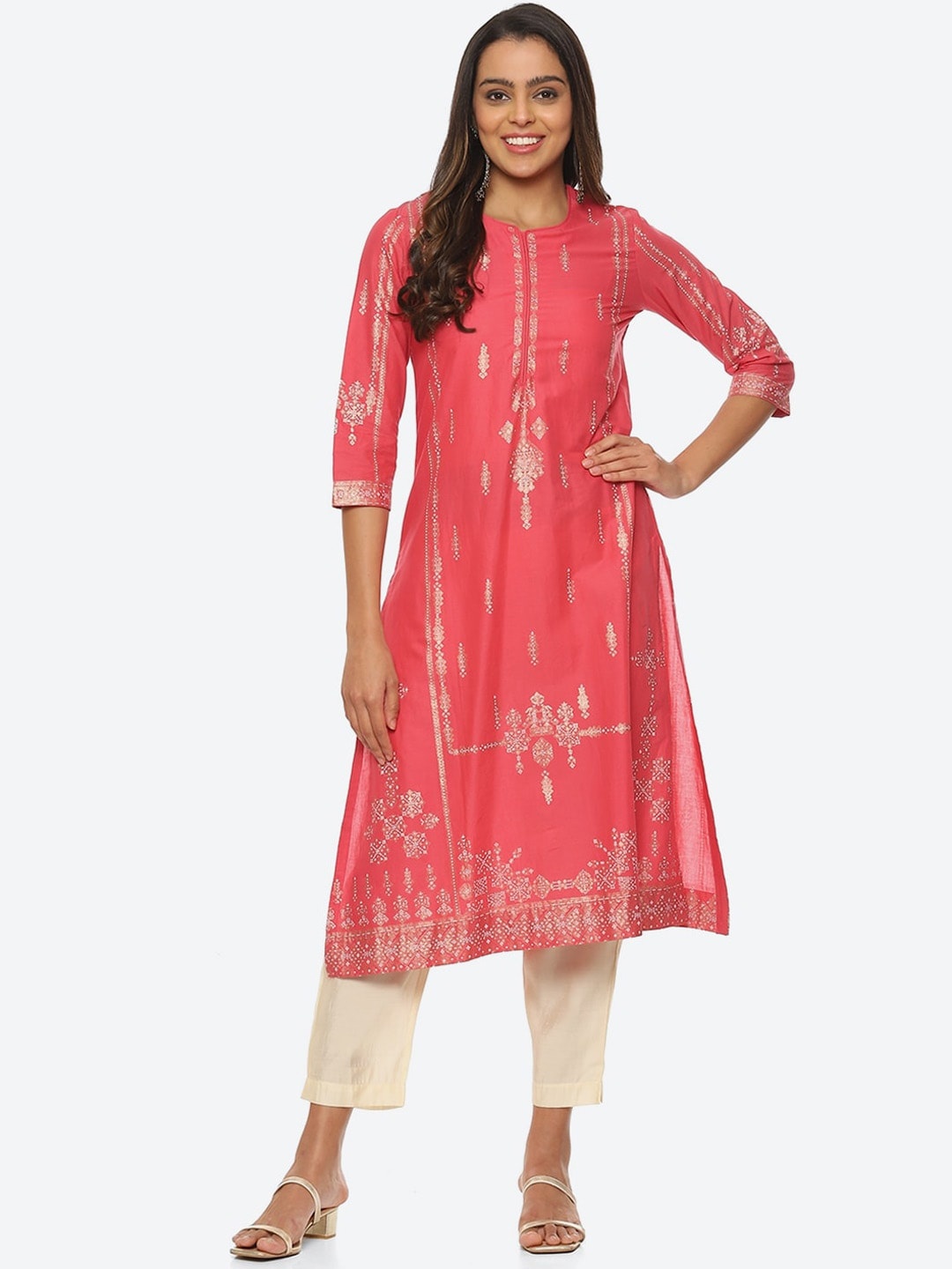 

Biba Women Ethnic Motifs Printed Mandarin Collar Kurta, Pink