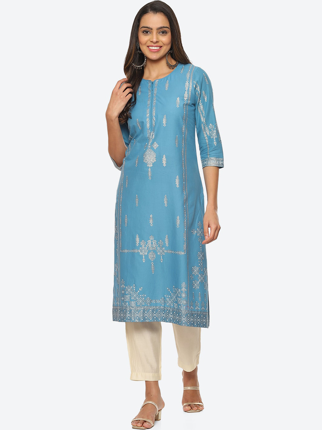 

Biba Ethnic Motifs Printed Cotton Kurta, Blue
