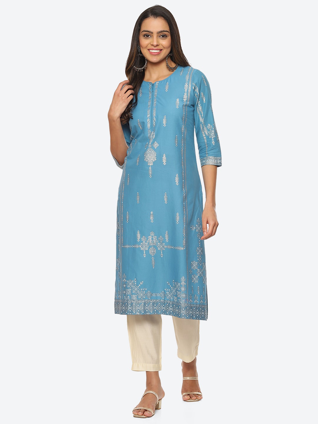 

Biba Women Plus Size Ethnic Motifs Printed Straight Kurta, Turquoise blue