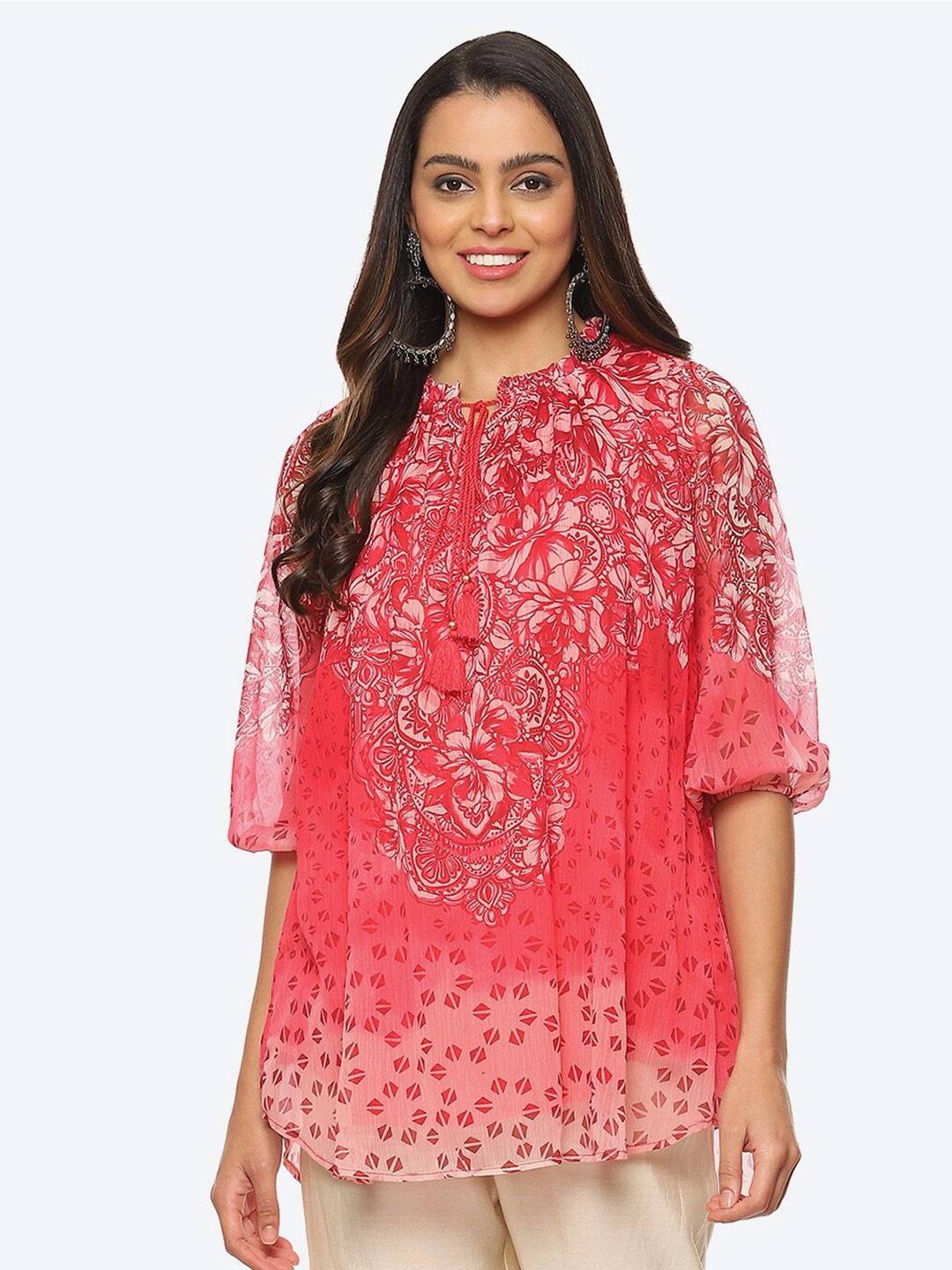 

Biba Floral Printed Tie-Up Neck Puff Sleeves Top, Red