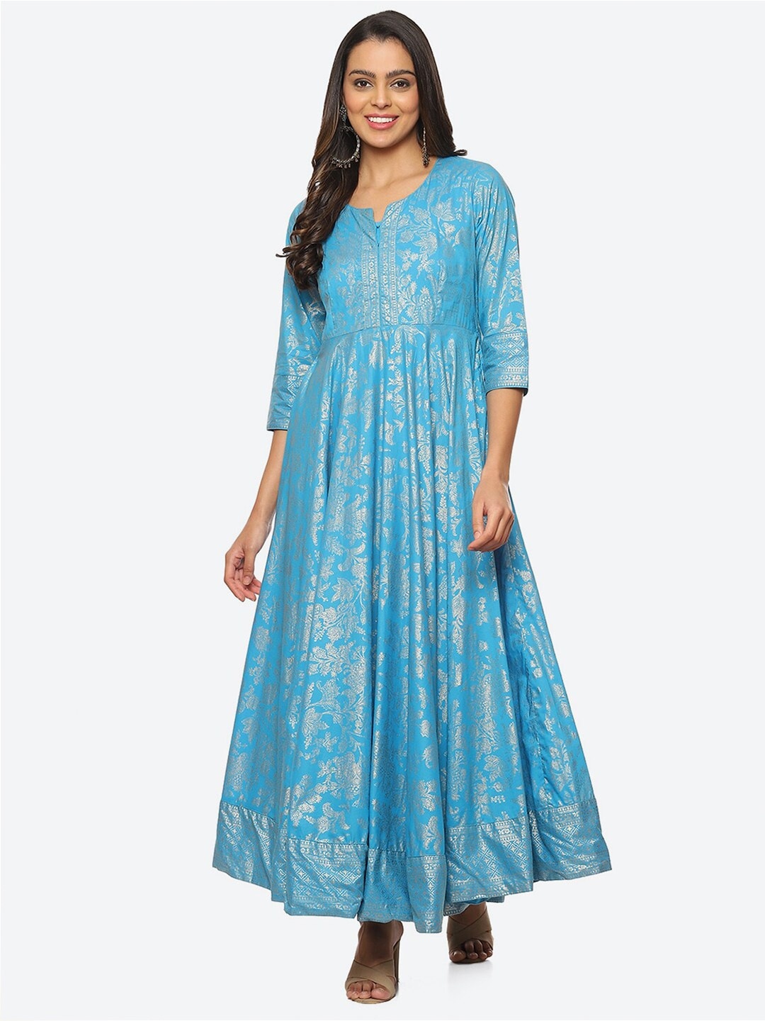 

Biba Floral Printed Notch Neck Maxi Dress, Turquoise blue