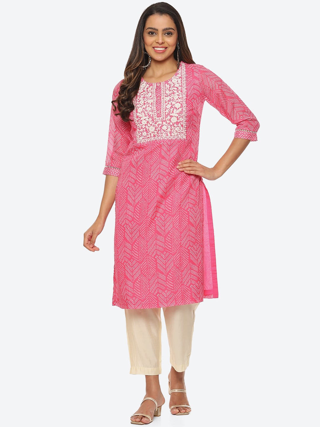 

Biba Women Ethnic Motifs Printed Thread work Kurta, Pink