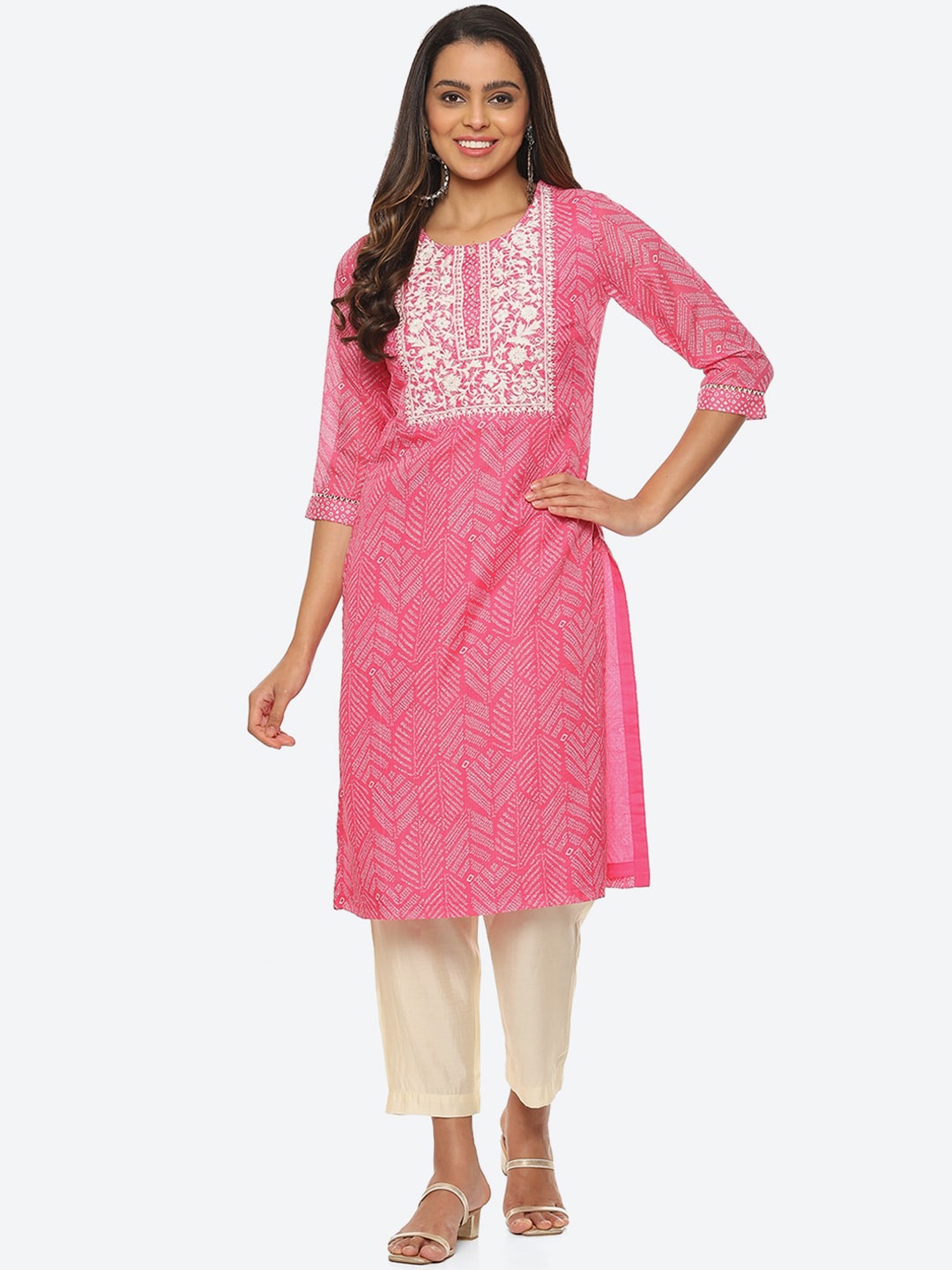 

Biba Women Plus Size Ethnic Motifs Printed Thread work Kurta, Pink
