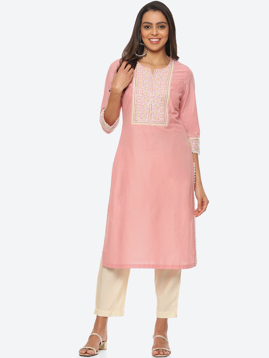 

Biba Plus Size Floral Embroidered Cotton Kurta, Pink