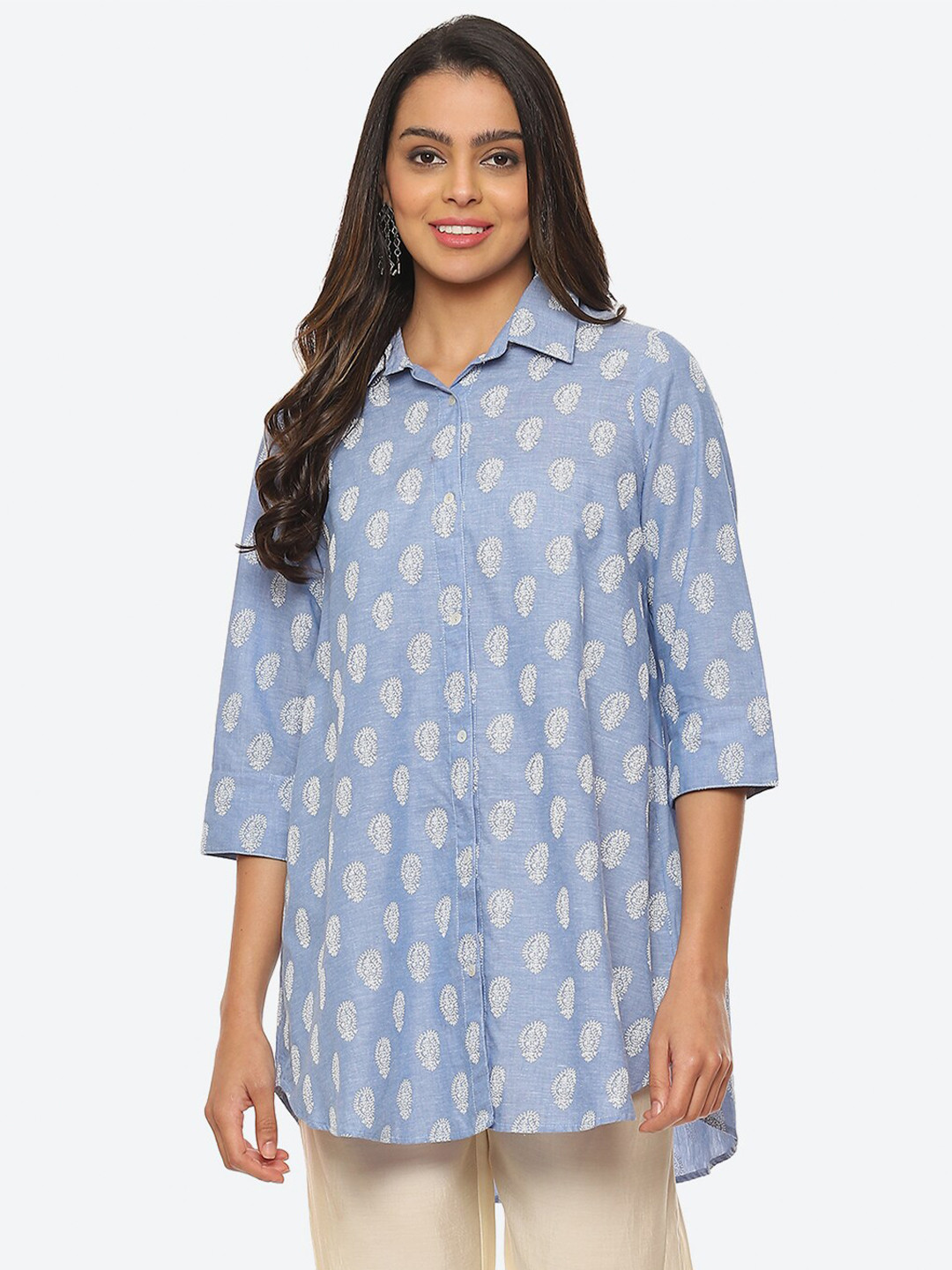 

Biba Plus Size Print Shirt Style Longline Cotton Top, Blue