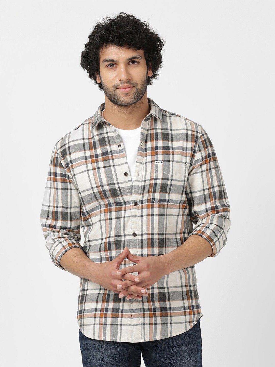 

Wrangler Men Slim Fit Tartan Checks Checked Casual Cotton Shirt, Grey