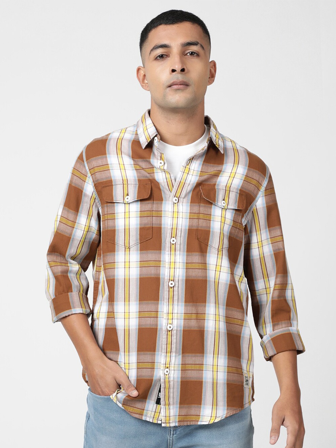 

Lee Men Tartan Checked Casual Cotton Shirt, Brown