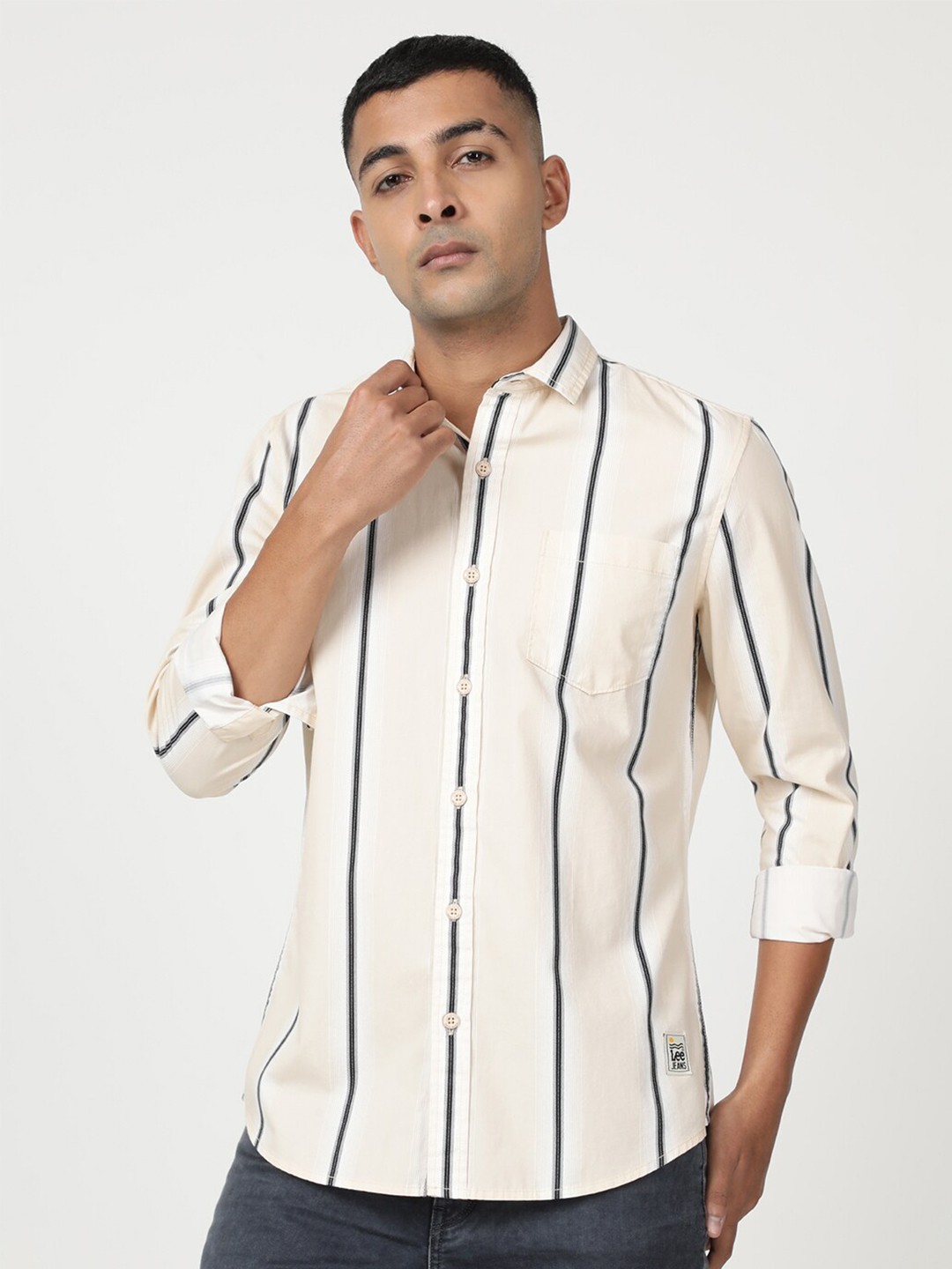 

Lee Men Striped Slim Fit Casual Cotton Shirt, Beige