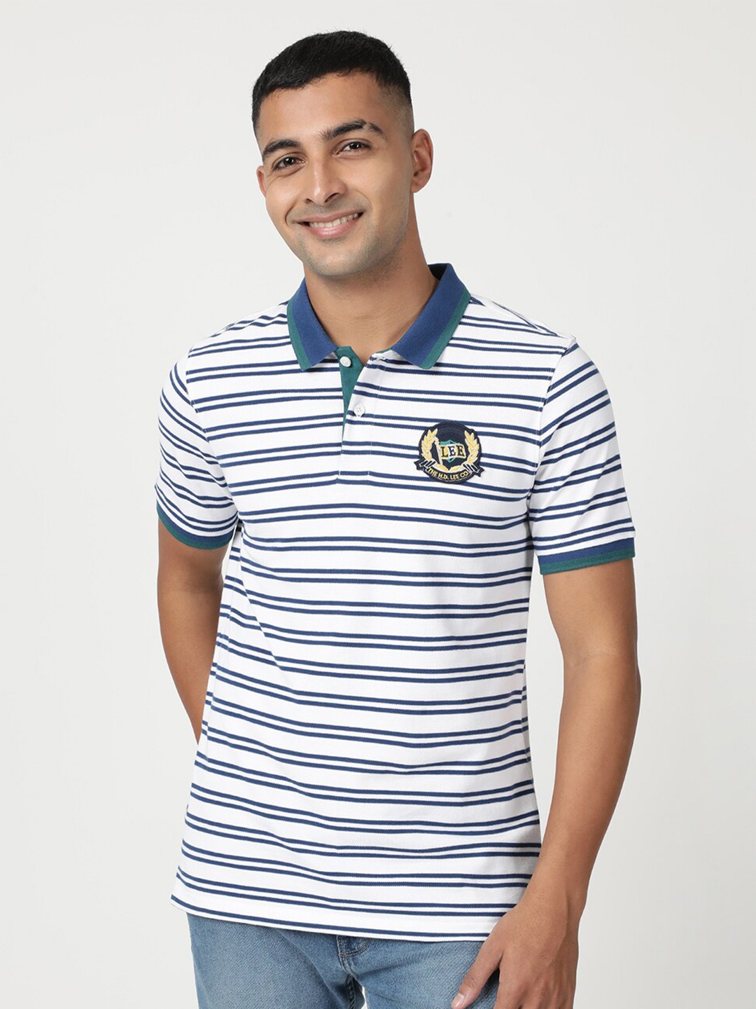 

Lee Men Striped Polo Collar Short Sleeve Cotton T-shirt, White
