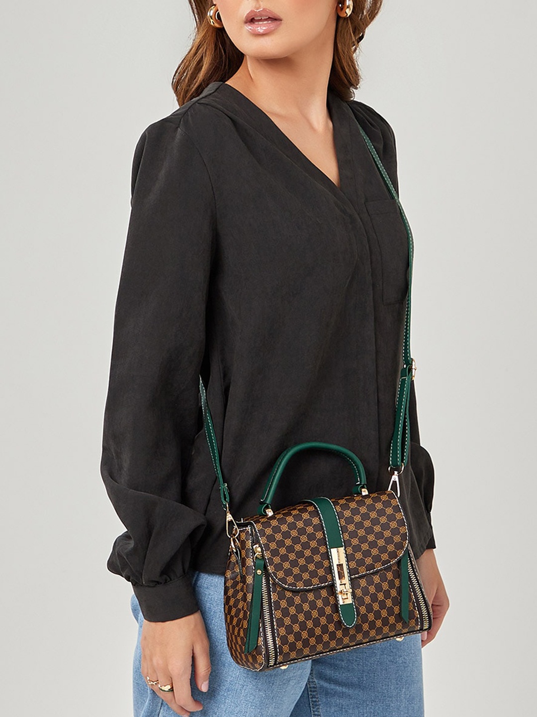 

Styli Geometric Print Structured Satchel, Green