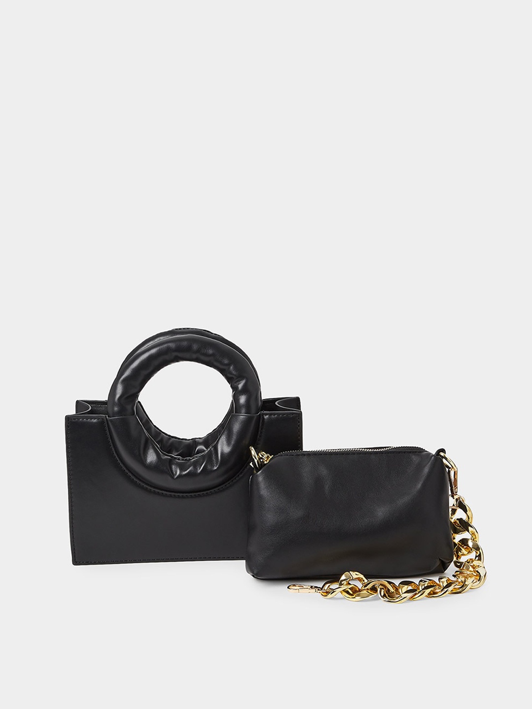 

Styli Solid Structured Handheld Bag With Chunky Chain Detail & A Pouch, Black
